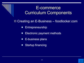 E-commerce Curriculum Components Creating an E-Business – foodlocker.com Entrepreneurship  Electronic payment methods E-business plans Startup financing  