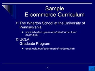 Sample E-commerce Curriculum The Wharton School at the University of Pennsylvania www.wharton.upenn.edu/mba/curriculum/ ecom.html UCLA Graduate Program unex.ucla.edu/ecommerce/modules.htm 