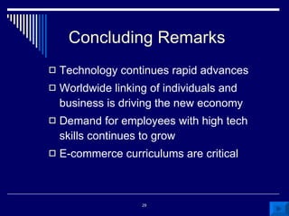 Concluding Remarks Technology continues rapid advances Worldwide linking of individuals and business is driving the new economy Demand for employees with high tech skills continues to grow E-commerce curriculums are critical 