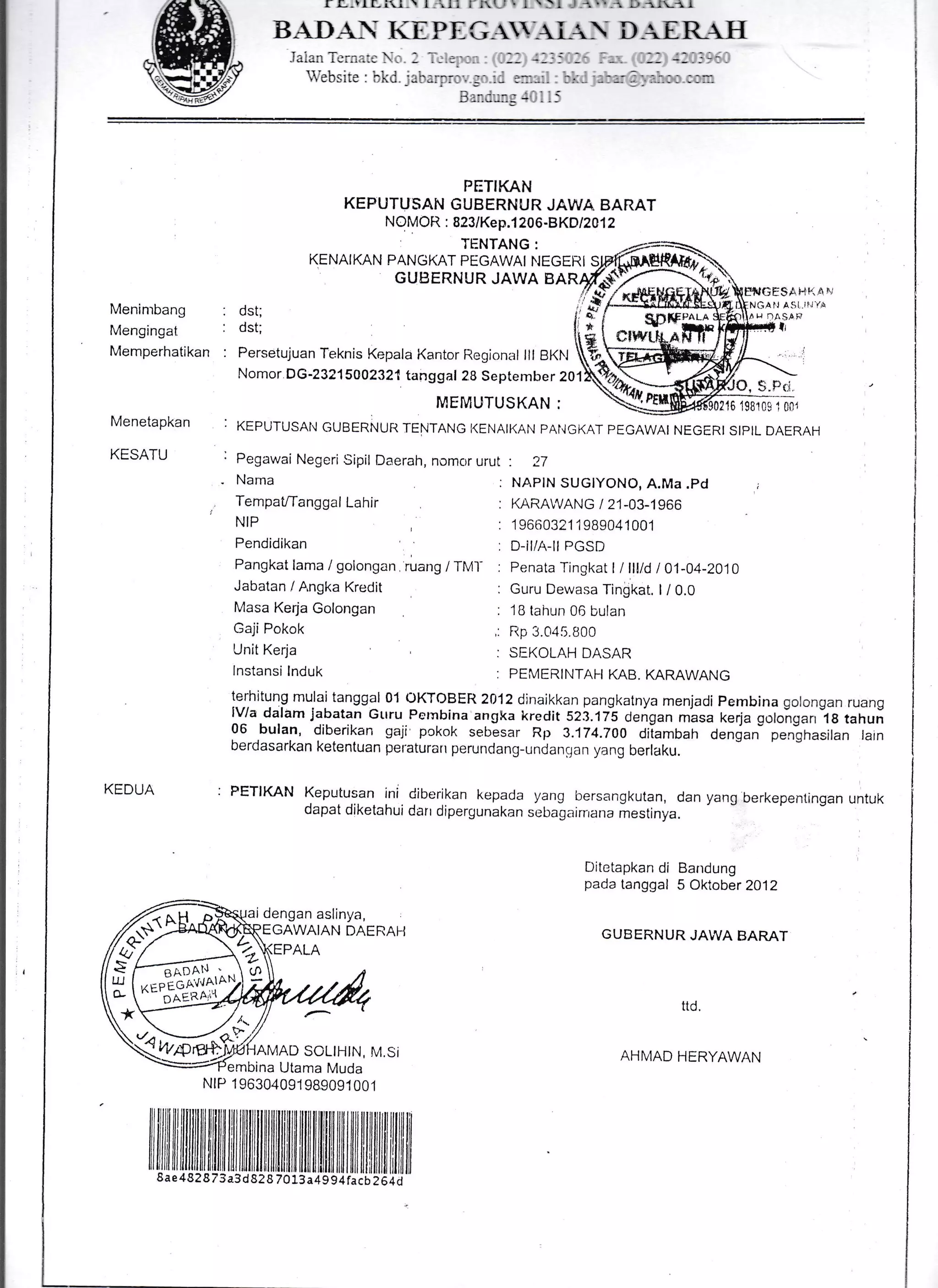 f L-ilf_i.ri  I :!ll 1jrr "i llt L""1Lr.1_ji.L1 .I
BADA IEPEG-$r i- D-ERH
'.-.h.i'. ^L l :, '-- - '
PETIKAN
KEPUTUSAN GUBERN!.JR JAWA BARAT
NOMOR : 823 lKep.1 20 6 -BKD nAn
TENTANG:
KENAI KAN pAl gKAr,
f f^[ryt 1r1^ryI yp.S@,ANGKAT PEGAWAI I.JEGERI S,IFI]
GUBERNUR JAWA B,ARryT+S
! [SA f"ll' a r,r
Meninrbang
Mengingat
Memperhatikan
Menetapkan
KESATU
KEDUA
NGAl.l A!il"rrl /h
: dst;
: dst;
H DASP$
l
: Persetujuan Teknis Kepala Kantor Regional lll BKl.l
Nomor DG-2321500232'! tanggal 2B September 201
, ti.srd
MEML'TUSKAN : 6 198109 I t}01
KEPUTUSAhI GUBERNUR TENTANG KENAIKAN PAT{GKAT PEGAWAI NEGERI SIPIL DAERAH
Pegawai Negeri Sipil Daerah, nomor urut
Narna
Tempat/Tanggal Lahir
NIP
Pendidikan
Pangkat lama / golongan ruang / TMi-
Jabatan / A,ngka Kredit
lvlasa Kerja Golongan
Gaji Pokok
Unit Kerja
lnstansi lnduk
i dengan aslinya,
GAWAIAN DAERAH
:EPALA
AMAD SOLIHIN, M,Si
embina Utama Muda
NtP 1 96304091 98909.' 001
'. 27
NAPIN SUGIYONO, A.Ma .Pd
KARAWANG / 21-03-1966
1 9660321 1 S8904 1 001
D.iI/A-II PGSD
Penata Tingkat I I lllld I 01-04-201 0
Guru Dewasa Tingkat. I / 0.0
1B tahun 06 bulan
Rp 3.045.800
SEKOLAH DASAR
PEMERI NTAI1 KAB. KARAWANG
terhitung mulaitanggal 0'l OKTOBER 2012 dinaikkan pangkatnya menjadi Pembina golongan ruang
lVfa dalam jabatan Guru.Petnbina angka kredit 523.12S Oengan masa kerja goloigarr 1g tahun
06 bulan, diberikan gaji pckok sebesar Rp 3.'174.700 diiambah Oenga; peighasilan lain
berdasarkan ketentuan peraturan perunclang-unclanqan yang berlaku.
PETIKAN Keputusan ini diberikan kepada yang bersangkutan, dan yang berkepentingan untuk
dapat diketahui darr dipergunakan sebagairrrana mestinya.
Ditetapkarr di Bandung
pada tanggal 5 Oktober 20'12
GUBERNUR JAIVA BARAT
ttd.
AHMAD HERYAWAN
1ilililiilrilffiilflil lilllflillililllllilililil ffi il]ilffi liillilil illililffi iIililil
8ae482873a3d828 7013a4994fa;b Z5Id
L
,, &jq..
*
*,*mm
K'yt<//
E F-Tl
H iott^tl
*-
9t
^-'------/ 1
s3tryp'at
 