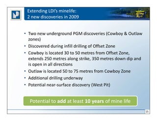 Extending LDI’s minelife:
 2 new discoveries in 2009


• Two new underground PGM discoveries (Cowboy & Outlaw
  zones)
• Discovered during infill drilling of Offset Zone
• Cowboy is located 30 to 50 metres from Offset Zone,
  extends 250 metres along strike, 350 metres down dip and
  is open in all directions
• Outlaw is located 50 to 75 metres from Cowboy Zone
• Additional drilling underway
• Potential near-surface discovery (West Pit)


  Potential to add at least 10 years of mine life
                                                             15
 