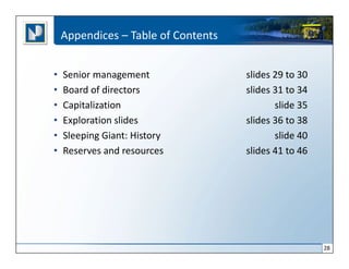 Appendices – Table of Contents


•   Senior management                slides 29 to 30
•   Board of directors               slides 31 to 34
•   Capitalization                          slide 35
•   Exploration slides               slides 36 to 38
•   Sleeping Giant: History                 slide 40
•   Reserves and resources           slides 41 to 46




                                                       28
 