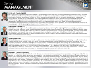 Senior
MANAGEMENT
  Phil du Toit – President & CEO
  Mr. du Toit is an accomplished mining executive with a proven track record for executing on his management mandates throughout his career.
  Mr. du Toit brings significant project management expertise to the CEO role, developed during his 37 years of global experience in the mining
  industry which included senior roles for some of the world's leading mining companies, and the successful development of multiple large
  capital projects. Recently, Mr. du Toit served as Executive Vice President and Head of Mining Projects and Exploration for ArcelorMittal, the
  world's leading integrated steel and mining company, where he was responsible for mining strategy, exploration, project and business
  development. His experience also includes serving as interim CEO of Baffinland Iron Mines Corp., as well as having held various senior
  management positions for Vale, Diavik Diamond Mines (a subsidiary of Rio Tinto plc), Voest Alpine Inc., and Gencor Ltd. He holds a Bachelor of
  Science degree in Civil Engineering from the University of Pretoria in South Africa.

  Greg Struble – VP and COO
  Mr. Struble is a mine engineer with over 30 years of experience in underground mining. Prior to joining NAP, he served as Executive Vice
  President and Chief Operating Officer of Stillwater Mining Company, where he was responsible for two underground palladium mines as well as
  smelter and refinery operations. Prior to this, he worked as underground project manager for Barrick Gold’s Cortez Hills Joint Venture. Mr. Struble
  has also worked internationally at a number of large gold mines, including General Manager of the El Penon Mine in Chile and the Jerritt
  Canyon Mines in Nevada. Previously, he worked for the Homestake Mining Company and held various positions including Mine Superintendent
  at their Homestake Mine in South Dakota.


  Dave Langille – CFO
  Mr. Langille is a seasoned finance executive with over 26 years of international public company experience. He brings a wealth of international
  financial expertise to NAP, notably a solid track record of optimizing operations to improve operating margins, along with merger and
  acquisition experience, and raising capital through a broad range of capital market products. Most recently, Mr. Langille served as the CFO
  and Vice President, Finance of Breakwater Resources Ltd. Prior to this, he served in senior financial positions for various public companies,
  including Lindsey Morden Group Inc., Capital Environmental Resource Inc., Cott Corporation, and TVX Gold Inc. Mr. Langille received an
  Honours Bachelor of Business Administration from Wilfrid Laurier University in Waterloo, Ontario, Canada in 1985, and has been a member of the
  Institute of Chartered Accounts of Ontario and the Society of Management Accountants of Ontario since 1987.


  David Peck – Head of Exploration
  Dr. Peck is a Professional Geoscientist with nearly 30 years of exploration and research experience specializing in magmatic Ni-Cu-PGE ore
  deposits. Dr. Peck holds global recognition as an expert in PGE exploration after serving as a senior technical and strategic consultant to
  several public and private companies and having worked on exploration and mining projects in more than a dozen countries. He was directly
  involved in several significant magmatic Ni-Cu-PGE discoveries in Canada and overseas. Prior to joining NAP, Dr. Peck served as President and
  Senior Technical and Strategic Consultant at Revelation Geoscience Ltd., and prior to this, he served as Global Nickel Commodity Leader at
  Anglo American plc, a Senior Geologist for Falconbridge Ltd., a Senior Mineral Deposits Geologist with the Manitoba Geological Survey, held
  various academic roles in Canadian universities, and was the technical lead on a multi-year mineral potential study funded by the Ontario
  Geological Survey. He has authored numerous public presentations and government and academic publications addressing his area of
  specialization.                                                                                                                        26
 