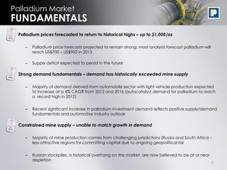 Palladium Market
FUNDAMENTALS
• Palladium prices forecasted to return to historical highs – up to $1,000/oz

     –   Palladium price forecasts projected to remain strong: most analysts forecast palladium will
         reach US$700 – US$900 in 2013

     –   Supply deficit expected to persist in the future

• Strong demand fundamentals – demand has historically exceeded mine supply

     –   Majority of demand derived from automobile sector with light vehicle production expected
         to increase at a 4% CAGR from 2012 and 2016 (autocatalyst demand for palladium to reach
         a record high in 2012)


     –   Recent significant increase in palladium investment demand reflects positive supply/demand
         fundamentals and automotive industry outlook

• Constrained mine supply – unable to match growth in demand

     –   Majority of mine production comes from challenging jurisdictions (Russia and South Africa –
         less attractive regions for committing capital due to ongoing geopolitical risk


     –   Russian stockpiles, a historical overhang on the market, are now believed to be at or near
         depletion
                                                                                                       6
 