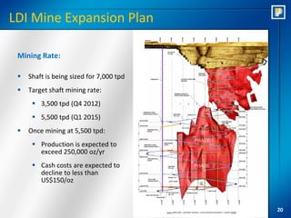 LDI Mine Expansion Plan

 Mining Rate:

    Shaft is being sized for 7,000 tpd
    Target shaft mining rate:
       3,500 tpd (Q4 2012)
       5,500 tpd (Q1 2015)
    Once mining at 5,500 tpd:
       Production is expected to
        exceed 250,000 oz/yr
       Cash costs are expected to
        decline to less than
        US$150/oz



                                          20
 