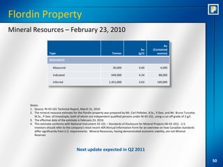 Flordin Property
Mineral Resources – February 23, 2010

                                                                                                               Au
                                                                                             Au        (Contained
                     Type                                              Tonnes              (g/t)          ounces)

                     RESOURCES

                        Measured                                       30,000               4.60             4,000

                        Indicated                                     649,000               4.24           88,000

                        Inferred                                    1,451,000               3.63          169,000




      Notes:
      1. Source: NI 43-101 Technical Report, March 31, 2010
      2. The mineral resource estimate for the Flordin property was prepared by Mr, Carl Pelletier, B.Sc., P.Geo. and Mr. Bruno Turcotte,
         M.Sc., P.Geo. of InnovExplo, both of whom are independent qualified persons under NI 43-101, using a cut-off grade of 2 g/t.
      3. The effective date of the estimate is February 23, 2010.
      4. This estimate conforms with National Instrument 43-101 – Standards of Disclosure for Mineral Projects (NI 43-101). U.S.
         investors should refer to the company’s most recent 40F/Annual Information Form for an overview on how Canadian standards
         differ significantly from U.S. requirements. Mineral Resources, having demonstrated economic viability, are not Mineral
         Reserves



                                          Next update expected in Q2 2011

                                                                                                                                            50
 