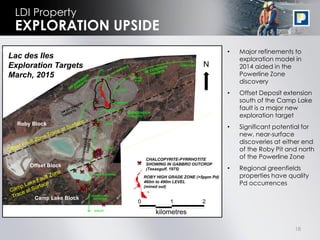 18
LDI Property
EXPLORATION UPSIDE
• Major refinements to
exploration model in
2014 aided in the
Powerline Zone
discovery
• Offset Deposit extension
south of the Camp Lake
fault is a major new
exploration target
• Significant potential for
new, near-surface
discoveries at either end
of the Roby Pit and north
of the Powerline Zone
• Regional greenfields
properties have quality
Pd occurrences
N N
Lac des Iles
Exploration Targets
March, 2015
Roby Block
Offset Block
Camp Lake Block
 