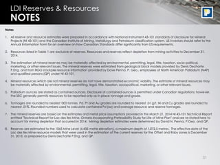 31
LDI Reserves & Resources
Notes
1. All reserve and resource estimates were prepared in accordance with National Instrument 43-101 standards of Disclosure for Mineral
Projects (NI 43-101) and the Canadian Institute of Mining, Metallurgy and Petroleum classification system. US investors should refer to the
Annual Information Form for an overview on how Canadian Standards differ significantly from US requirements.
2. Resources listed in Table 1 are exclusive of reserves. Resources and reserves reflect depletion from mining activities to December 31,
2014.
3. The estimation of mineral reserves may be materially affected by environmental, permitting, legal, title, taxation, socio-political,
marketing, or other relevant issues. The mineral reserves were estimated from geological block models provided by Denis Decharte
P.Eng. and from RGO stockpile resource information provided by Dave Penna, P. Geo., employees of North American Palladium (NAP)
and qualified persons (QP) under NI 43-101.
4. Mineral resources which are not mineral reserves do not have demonstrated economic viability. The estimate of mineral resources may
be materially affected by environmental, permitting, legal, title, taxation, sociopolitical, marketing, or other relevant issues.
5. Palladium ounces are stated as contained ounces. Disclosure of contained ounces is permitted under Canadian regulations; however,
the SEC generally permits resources to be reported only as in place tonnage and grade.
6. Tonnages are rounded to nearest '000 tonnes. Pd, Pt and Au grades are rounded to nearest .01 g/t. Ni and Cu grades are rounded to
nearest .01%. Rounded numbers used to calculate contained Pd (oz) and average resource and reserve tonnages.
7. The mineral reserves are based on the estimates and metal price assumptions provided in the March 21, 2014 NI 43-101 Technical Report
entitled "Technical Report for Lac des Iles Mine, Ontario Incorporating Prefeasibility Study for Life of Mine Plan" and are re-stated here to
account for mining depletion that occurred in 2014. Mining depletion estimates were determined by David N. Penna, P.Geo. and QP.
8. Reserves are estimated to the 1065 Mine Level (4,435 metre elevation), a maximum depth of 1,072.5 metres. The effective date of the
Lac des Iles Mine resource models that were used in the estimation of the current reserves for the Offset and Roby zones is December
31, 2013, as prepared by Denis Decharte P.Eng. and QP.
NOTES
 