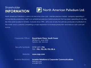 34
Shareholder
INFORMATION
North American Palladium’s vision is to become a low cost, mid-tier precious metals company operating in
mining friendly jurisdictions. NAP is an established precious metals producer that has been operating its Lac des
Iles mine (LDI) located in Ontario, Canada since 1993. LDI is one of only two primary producers of palladium in
the world, and is currently completing a major expansion to increase production and reduce cash costs per
ounce.
Royal Bank Plaza, South Tower
200 Bay St., Suite 2350
Toronto, ON M5J 2J2
NYSE MKT– PAL
TSX – PDL, PDL.DB, PDL.DB.A
www.nap.com
Investor Relations & Corporate Communications
IR@nap.com
416-360-7374
Corporate Office:
Security Symbols:
Website:
Investor Relations:
 