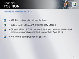 20
Financial
POSITION
Liquidity as at March 31, 2014:
• $21.9M cash and cash equivalents
• US$36.4M of US$60.0M credit facility utilized
• Closed $35M of 7.5% convertible unsecured subordinated
debentures and associated warrants in April 2014
• Pro-forma cash position of $54.7M
 