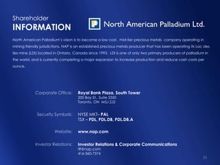 33
Shareholder
INFORMATION
North American Palladium’s vision is to become a low cost, mid-tier precious metals company operating in
mining friendly jurisdictions. NAP is an established precious metals producer that has been operating its Lac des
Iles mine (LDI) located in Ontario, Canada since 1993. LDI is one of only two primary producers of palladium in
the world, and is currently completing a major expansion to increase production and reduce cash costs per
ounce.
Royal Bank Plaza, South Tower
200 Bay St., Suite 2350
Toronto, ON M5J 2J2
NYSE MKT– PAL
TSX – PDL, PDL.DB, PDL.DB.A
www.nap.com
Investor Relations & Corporate Communications
IR@nap.com
416-360-7374
Corporate Office:
Security Symbols:
Website:
Investor Relations:
 