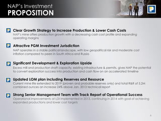 4
NAP’s Investment
• Clear Growth Strategy to Increase Production & Lower Cash Costs
NAP’s mine offers production growth with a decreasing cash cost profile and expanding
operating margins
Attractive PGM Investment Jurisdiction
NAP operates in a stable political landscape, with low geopolitical risk and moderate cost
inflation compared to peers in South Africa and Russia
Significant Development & Exploration Upside
Excess mill and production shaft capacity, existing infrastructure & permits, gives NAP the potential
to convert exploration success into production and cash flow on an accelerated timeline
Updated LOM plan including Reserves and Resource
Current mine life extended to 2019 (proven and probable reserves only) and total R&R of 5.2M
combined ounces an increase 24% above Jan. 2013 technical report
Strong Senior Management Team with Track Report of Operational Success
Operational improvements at LDI implemented in 2013, continuing in 2014 with goal of achieving
expanded productions and lower cost targets
PROPOSITION
 