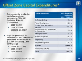 Offset Zone Capital Expenditures*
                                                          Capital Expenditures              Pre-Commercial
 •     Pre-commercial production
                                                                                                 Production
       capital expenditures                                                                (2010 – Q3 2012)
       estimated at $204.1 M
       (including $24.6 M                                 Definition Drilling                       $7.0 M
       contingency):                                      Waste Development                        $42.7 M
         •    2010: $35.4 M                               Surface, Shaft, and Service
                                                                                                   $99.2 M
         •    2011: $116.7 M                              Facilities
                                                          U/G Infrastructure Development
         •    2012 (Q1-Q3): $52 M                                                                   $3.4 M
                                                          & Construction
                                                          Mining Equipment                         $14.2 M
 •     Capital expenditures for
                                                          Surface Equipment                         $0.2 M
       development post commercial
       production are estimated at                        Engineering                               $2.5 M
       $71.9 M (including $7.2 M                          Project Management                       $10.3 M
       contingency):
                                                          Subtotal                               $179.5. M
         •    2012 (Q4): $11.6 M
         •    2013: $30.1 M                               Contingency (13.7%)                      $24.6 M
         •    2014: $30.2 M                               Total                                   $204.1 M



*Based on third-party Scoping Study report, August 2010                                                       24
 