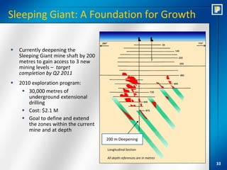Sleeping Giant: A Foundation for Growth

   Currently deepening the
    Sleeping Giant mine shaft by 200
    metres to gain access to 3 new
    mining levels – target
    completion by Q2 2011
   2010 exploration program:
      30,000 metres of
       underground extensional
       drilling
      Cost: $2.1 M
      Goal to define and extend
       the zones within the current
       mine and at depth
                                       200 m Deepening

                                       Longitudinal Section

                                       All depth references are in metres
                                                                            33
 