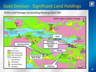 Gold Division: Significant Land Holdings
70 Km Land Package Surrounding Sleeping Giant Mill

                                                         Abitibi region, Quebec, Canada




                                                            Vezza


                                                 Discovery
           Harricana North                    Cameron Shear JV
                                                 Florence
                                                  Flordin

                                                             Dormex


                             Sleeping Giant
                              Mine & Mill



                                                 Laflamme
                                                                                          36
 