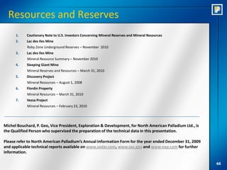 Resources and Reserves
      1.    Cautionary Note to U.S. Investors Concerning Mineral Reserves and Mineral Resources
      2.    Lac des Iles Mine
            Roby Zone Underground Reserves – November 2010
      3.    Lac des Iles Mine
            Mineral Resource Summary – November 2010
      4.    Sleeping Giant Mine
            Mineral Reserves and Resources – March 31, 2010
      5.    Discovery Project
            Mineral Resources – August 1, 2008
      6.    Flordin Property
            Mineral Resources – March 31, 2010
      7.    Vezza Project
            Mineral Resources – February 23, 2010




Michel Bouchard, P. Geo, Vice President, Exploration & Development, for North American Palladium Ltd., is
the Qualified Person who supervised the preparation of the technical data in this presentation.

Please refer to North American Palladium’s Annual Information Form for the year ended December 31, 2009
and applicable technical reports available on www.sedar.com, www.sec.gov and www.nap.com for further
information.

                                                                                                            44
 
