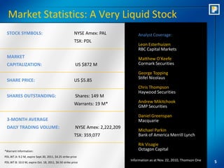 Market Statistics: A Very Liquid Stock
 STOCK SYMBOLS:                                        NYSE Amex: PAL              Analyst Coverage:
                                                       TSX: PDL
                                                                                   Leon Esterhuizen
                                                                                   RBC Capital Markets
 MARKET                                                                            Matthew O’Keefe
 CAPITALIZATION:                                        US $872 M                  Cormark Securities

                                                                                   George Topping
                                                                                   Stifel Nicolaus
 SHARE PRICE:                                          US $5.85
                                                                                   Chris Thompson
                                                                                   Haywood Securities
 SHARES OUTSTANDING:                                    Shares: 149 M
                                                       Warrants: 19 M*             Andrew Mikitchook
                                                                                   GMP Securities

                                                                                   Daniel Greenspan
 3-MONTH AVERAGE                                                                   Macquarie
 DAILY TRADING VOLUME:                                  NYSE Amex: 2,222,209
                                                                                   Michael Parkin
                                                       TSX: 359,077                Bank of America Merrill Lynch

                                                                                   Rik Visagie
*Warrant Information:                                                              Octagon Capital
PDL.WT.A: 9.2 M, expire Sept.30, 2011, $4.25 strike price
                                                                               Information as at Nov. 22, 2010, Thomson One   5
PDL.WT.B: 10.0 M, expire Oct. 18, 2011, $6.50 strike price
 