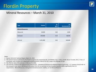 Flordin Property
   Mineral Resources – March 31, 2010


                                                                                              Au                    Au
                       Type                                       Tonnes
                                                                                            (g/t)        (Contained Oz)

                       Mineral Resources

                       Measured                                    30,000                    4.60                  4,000

                       Indicated                                  649,000                    4.24                88,000


                       Inferred                                 1,451,000                    3.63               169,000




Notes:
1. Source: NI 43-101 Technical Report, March 31, 2010
2. The mineral resource estimate for the Flordin property was prepared by Mr, Carl Pelletier, B.Sc., P.Geo. and Mr. Bruno Turcotte, M.Sc., P.Geo. of
   InnovExplo, both of whom are independent qualified persons under NI 43-101, using a cut-off grade of 2 g/t.
3. The effective date of the estimate is February 23, 2010.
4. This estimate conforms with National Instrument 43-101 – Standards of Disclosure for Mineral Projects (NI 43-101). U.S. investors should refer to
   the company’s most recent 40F/Annual Information Form for an overview on how Canadian standards differ significantly from U.S.
   requirements. Mineral Resources, having demonstrated economic viability, are not Mineral Reserves
                                                                                                                                                       50
 