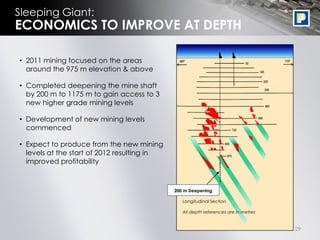 Sleeping Giant:
ECONOMICS TO IMPROVE AT DEPTH

• 2011 mining focused on the areas
  around the 975 m elevation & above

• Completed deepening the mine shaft
  by 200 m to 1175 m to gain access to 3
  new higher grade mining levels

• Development of new mining levels
  commenced

• Expect to produce from the new mining
  levels at the start of 2012 resulting in
  improved profitability



                                             200 m Deepening

                                                Longitudinal Section

                                                All depth references are in metres


                                                                                     29
 