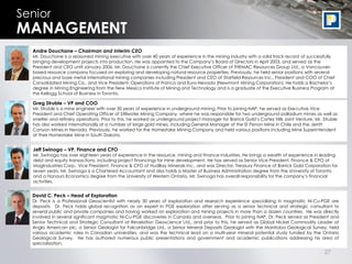 Senior
MANAGEMENT
  Andre Douchane – Chairman and Interim CEO
  Mr. Douchane is a seasoned mining executive with over 40 years of experience in the mining industry with a solid track record of successfully
  bringing development projects into production. He was appointed to the Company‟s Board of Directors in April 2003, and served as the
  President and CEO until January 2006. Mr. Douchane is currently the Chief Executive Officer of THEMAC Resources Group Ltd., a Vancouver-
  based resource company focused on exploring and developing natural resource properties. Previously, he held senior positions with several
  precious and base metal international mining companies including President and CEO of Starfield Resources Inc., President and COO of Chief
  Consolidated Mining Co., and Vice President, Operations of Franco and Euro-Nevada (Newmont Mining Corporation). He holds a Bachelor‟s
  degree in Mining Engineering from the New Mexico Institute of Mining and Technology and is a graduate of the Executive Business Program at
  the Kellogg School of Business in Toronto.

  Greg Struble – VP and COO
  Mr. Struble is a mine engineer with over 30 years of experience in underground mining. Prior to joining NAP, he served as Executive Vice
  President and Chief Operating Officer of Stillwater Mining Company, where he was responsible for two underground palladium mines as well as
  smelter and refinery operations. Prior to this, he worked as underground project manager for Barrick Gold‟s Cortez Hills Joint Venture. Mr. Struble
  has also worked internationally at a number of large gold mines, including General Manager of the El Penon Mine in Chile and the Jerritt
  Canyon Mines in Nevada. Previously, he worked for the Homestake Mining Company and held various positions including Mine Superintendent
  at their Homestake Mine in South Dakota.


  Jeff Swinoga – VP, Finance and CFO
  Mr. Swinoga has over eighteen years of experience in the resource, mining and finance industries. He brings a wealth of experience in leading
  debt and equity transactions, including project financings for mine development. He has served as Senior Vice President, Finance & CFO of
  MagIndustries Corp., Vice President, Finance & CFO of HudBay Minerals Inc., and was Director, Treasury Finance of Barrick Gold Corporation for
  seven years. Mr. Swinoga is a Chartered Accountant and also holds a Master of Business Administration degree from the University of Toronto
  and a Honours Economics degree from the University of Western Ontario. Mr. Swinoga has overall responsibility for the company‟s financial
  activities.


  David C. Peck – Head of Exploration
  Dr. Peck is a Professional Geoscientist with nearly 30 years of exploration and research experience specializing in magmatic Ni-Cu-PGE ore
  deposits. Dr. Peck holds global recognition as an expert in PGE exploration after serving as a senior technical and strategic consultant to
  several public and private companies and having worked on exploration and mining projects in more than a dozen countries. He was directly
  involved in several significant magmatic Ni-Cu-PGE discoveries in Canada and overseas. Prior to joining NAP, Dr. Peck served as President and
  Senior Technical and Strategic Consultant at Revelation Geoscience Ltd., and prior to this, he served as Global Nickel Commodity Leader at
  Anglo American plc, a Senior Geologist for Falconbridge Ltd., a Senior Mineral Deposits Geologist with the Manitoba Geological Survey, held
  various academic roles in Canadian universities, and was the technical lead on a multi-year mineral potential study funded by the Ontario
  Geological Survey. He has authored numerous public presentations and government and academic publications addressing his area of
  specialization.

                                                                                                                                              27
 