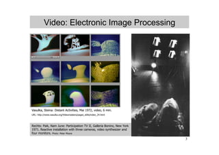Video: Electronic Image Processing




Vasulka, Steina: Distant Activities, Mai 1972, video, 6 min.
URL: http://www.vasulka.org/Videomasters/pages_stills/index_24.html



Rechts: Paik, Nam June: Participation TV II, Galleria Bonino, New York
1971. Reactive installation with three cameras, video synthesizer and
four monitors. Photo: Peter Moore
                                                                         3
 