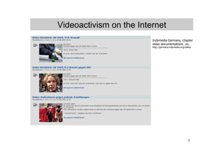 Videoactivism on the Internet
                         Indymedia Germany, chapter
                         video documentations. URL:
                         http://germany.indymedia.org/video/




                                                         5
 