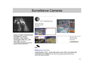 Surveillance Cameras




Adrian X, Robert: Überwachung/
Surveillance 2, Vienna,
Karlsplatz, metro station.
Transmission ORF, FS 2, 16th
June 1981. URL: http://
www.mediafiles.at/php/content_bild.php?
keytable=Projekte_Bilder&ID=41




                                          Heath Bunting: CCTV – world wide watch, since 1997, net project with
                                          connections to 4 webcams. URL: http://www.irational.org/cgi-bin/cctv/cctv.cgi?
                                          action=main_page (26.8.2006).



                                                                                                                           8
 