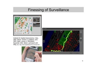Finessing of Surveillance




Institute for Applied Autonomomy: i-See,
2002. Above: version 3, Ljubljana, June
2003. Right: version 2, Manhattan,
November 2002. Below: participant with
iPAQ. URL: http://www.appliedautonomy.com/isee.html




                                                        9
 