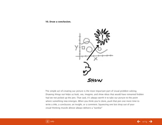 ChangeThis




           10. Draw a conclusion.




           The simple act of creating our picture is the most important part of visual problem solving.
           Drawing things out helps us look, see, imagine, and show ideas that would have remained hidden
           had we not picked up the pen. That said, it’s always worth it to take our picture to the point
           where something new emerges. When you think you’re done, push that pen one more time to
           write a title, a conclusion, an insight, or a comment. Squeezing one last drop out of your
           visual thinking muscle almost always delivers a “eureka!”




No 44.03       Info                                                                                    12/14
 