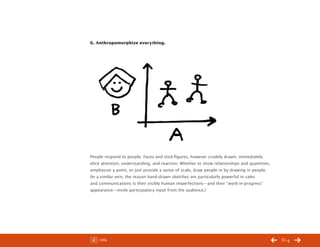 ChangeThis




           6. Anthropomorphize everything.




           People respond to people. Faces and stick-figures, however crudely drawn, immediately
           elicit attention, understanding, and reaction. Whether to show relationships and quantities,
           emphasize a point, or just provide a sense of scale, draw people in by drawing in people.
           (In a similar vein, the reason hand-drawn sketches are particularly powerful in sales
           and communications is their visibly human imperfections—and their “work-in-progress”
           appearance—invite participatory input from the audience.)




No 44.03       Info                                                                                       /14
 