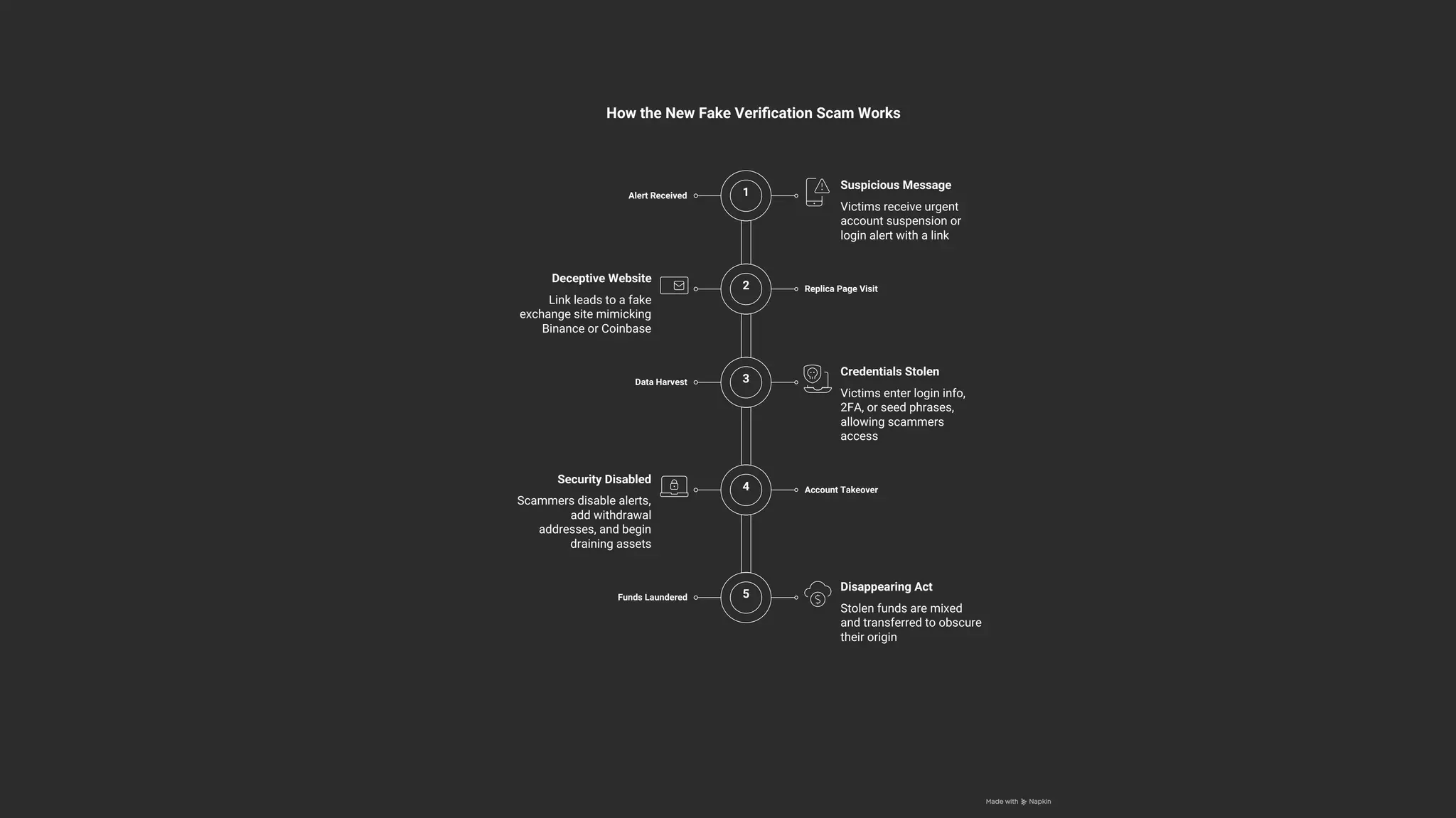Victims receive urgent
account suspension or
login alert with a link
Victims enter login info,
2FA, or seed phrases,
allowing scammers
access
Suspicious Message
Stolen funds are mixed
and transferred to obscure
their origin
Security Disabled
Scammers disable alerts,
add withdrawal
addresses, and begin
draining assets
Replica Page Visit
Link leads to a fake
exchange site mimicking
Binance or Coinbase
Funds Laundered
How the New Fake Veriﬁcation Scam Works
Disappearing Act
Deceptive Website
Data Harvest
Credentials Stolen
Alert Received
Account Takeover
5
3
2
1
4
 