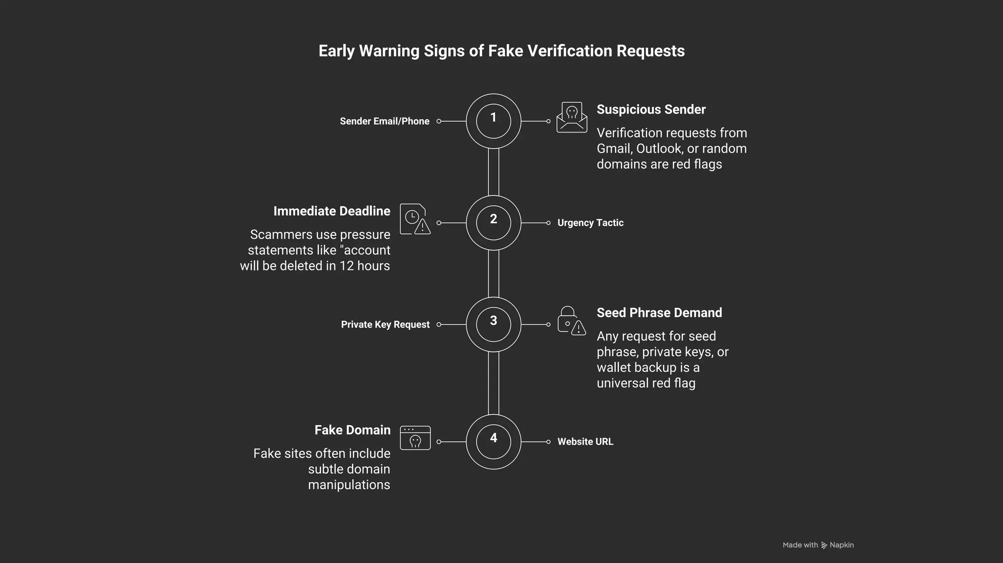 Website URL
Veriﬁcation requests from
Gmail, Outlook, or random
domains are red ﬂags
Urgency Tactic
Suspicious Sender
Sender Email/Phone
Seed Phrase Demand
Scammers use pressure
statements like "account
will be deleted in 12 hours
Private Key Request
Immediate Deadline
Fake sites often include
subtle domain
manipulations
Fake Domain
Early Warning Signs of Fake Veriﬁcation Requests
Any request for seed
phrase, private keys, or
wallet backup is a
universal red ﬂag
4
2
1
3
 