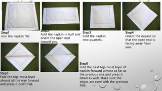 Step1
Iron the napkin flat.
Step2
Fold the napkin in half and
orient the open end
toward you.
Step3
Fold the napkin
into quarters.
Step4
Orient the napkin so
that the open end is
facing away from
you.
Step5
Fold the top-most layer
almost all the way forward
and press it down flat.
Step6
Fold the next top-most layer of
napkin forward almost as far as
the previous one and press it
down as well. Make sure the
edges are even with the previous
fold.
 