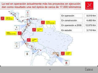 La red en operación actualmente más los proyectos en ejecución dan como resultado una red óptica de cerca de 17,000 kilómetros En operación 8,519 Km En construcción 4,460 Km En estudio 3,710 Km En operación a 2008 12,979 Km 858Km TRANSELECTRIC 612Km CVG TELECOM 6,121km ISA 1,218Km REP 1,770km CTEP 1830 Km EPR-SIEPAC 