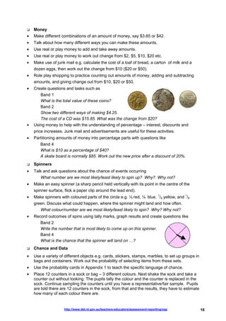 Money
•   Make different combinations of an amount of money, say $3.85 or $42.
•   Talk about how many different ways you can make these amounts.
•   Use real or play money to add and take away amounts.
•   Use real or play money to work out change from $2, $5, $10, $20 etc.
•   Make use of junk mail e.g. calculate the cost of a loaf of bread, a carton of milk and a
    dozen eggs, then work out the change from $10 ($20 or $50).
•   Role play shopping to practice counting out amounts of money, adding and subtracting
    amounts, and giving change out from $10, $20 or $50.
•   Create questions and tasks such as
       Band 1
       What is the total value of these coins?
       Band 2
       Show two different ways of making $4.25.
       The cost of a CD was $15.85. What was the change from $20?
•   Using money to help with the understanding of percentage – interest, discounts and
    price increases. Junk mail and advertisements are useful for these activities.
•   Partitioning amounts of money into percentage parts with questions like
       Band 4
       What is $10 as a percentage of $40?
       A skate board is normally $85. Work out the new price after a discount of 20%.
    Spinners
•   Talk and ask questions about the chance of events occurring
       What number are we most likely/least likely to spin up? Why? Why not?
•   Make an easy spinner (a sharp pencil held vertically with its point in the centre of the
    spinner surface, flick a paper clip around the lead end).
•   Make spinners with coloured parts of the circle e.g. ½ red, ¼ blue, 1/8 yellow, and 1/8
    green. Discuss what could happen, where the spinner might land and how often.
       What colour/number are we most likely/least likely to spin? Why? Why not?
•   Record outcomes of spins using tally marks, graph results and create questions like
       Band 2
       Write the number that is most likely to come up on this spinner.
       Band 4
       What is the chance that the spinner will land on …?
    Chance and Data
•   Use a variety of different objects e.g. cards, stickers, stamps, marbles, to set up groups in
    bags and containers. Work out the probability of selecting items from these sets.
•   Use the probability cards in Appendix 1 to teach the specific language of chance.
•   Place 12 counters in a sock or bag – 3 different colours. Next shake the sock and take a
    counter out without looking. The pupils tally the colour and the counter is replaced in the
    sock. Continue sampling the counters until you have a representative/fair sample. Pupils
    are told there are 12 counters in the sock, from that and the results, they have to estimate
    how many of each colour there are.


                     http://www.det.nt.gov.au/teachers-educators/assessment-reporting/nap           16
 
