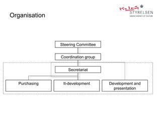 Organisation



               Steering Committee


               Coordination group


                   Secretariat


  Purchasing    It-development      Development and
                                      presentation
 