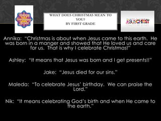 WHAT DOES CHRISTMAS MEAN TO
YOU?
BY FIRST GRADE

Annika: “Christmas is about when Jesus came to this earth. He
was born in a manger and showed that He loved us and care
for us. That is why I celebrate Christmas!”
Ashley: “It means that Jesus was born and I get presents!!”
Jake: “Jesus died for our sins.”
Maleda: “To celebrate Jesus’ birthday. We can praise the
Lord.”
Nik: “It means celebrating God’s birth and when He came to
the earth.”

 