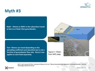 Fact –Sheens can travel depending on the
spreading coefficient and saturation but is not a
function of groundwater flow rate. Darcy’s Law
applies to each fluid separately.
Myth – Sheens or NAPL in the subsurface travels
as fast as or faster than groundwater.
Myth #3
13Antea USA, Inc.
Sale T. and Lyverse M. 2014., Courtesy of Chevron U.S.A. Inc. “Sheens Associated with Subsurface Petroleum Releases – Current
Knowledge and Best Practices”
 