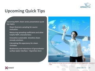 Upcoming NAPL sheen series presentation quick
tips topics
• Sheen forensics sampling for source
evaluation
• Measuring spreading coefficients and other
helpful NAPL characteristics
• Innovative sustainable shoreline sheen
remedy solutions
• Calculating life expectancy for sheen
remedies
• Biodiversity and importance of groundwater
surface water interface – Hyproheic Zone
Upcoming Quick Tips
22Antea USA, Inc.
Note: This photo is for example slide master options demo only and can be swapped out for more relevant
images
 