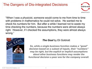 The Dangers of Dis-integrated Decisions


     “When I was a physicist, someone would come to me from time to time
     with problems in mathematics he could not solve. He wanted me to
     check his numbers for him. But after a while I learned not to waste my
     time checking the numbers, because the numbers were almost always
     right. However, if I checked the assumptions, they were almost always
     wrong.”

                                               The Goal by Eli Goldratt

                                     So, while a single business function makes a “good”
                                    decision based on a subset of inputs, their “numbers”
                                     may be right, but the explicit or implicit assumptions
                                       about other business functions may render the
                                   functional decision a poor one for the company overall.



© 2011 End-to-End Analytics, LLC                  4
 