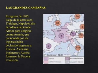 En agosto de 1805,
luego de la derrota en
Trafalgar, Napoleón dio
la orden a la Grande
Armee para dirigirse
contra Austria, que
presionada por los
ingleses había
declarado la guerra a
Francia. Así Rusia,
Inglaterra y Austria
formaron la Tercera
Coalición
LAS GRANDES CAMPAÑAS
 