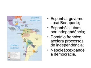 Espanha: governo  José Bonaparte; Espanhóis:lutam por independência; Domínio francês: acelera processos de independência; Napoleão:expande a democracia. 