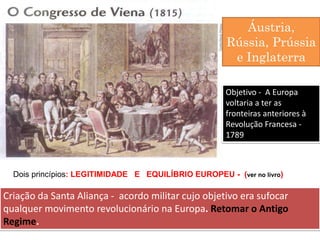 Objetivo - A Europa
voltaria a ter as
fronteiras anteriores à
Revolução Francesa -
1789
Áustria,
Rússia, Prússia
e Inglaterra
Criação da Santa Aliança - acordo militar cujo objetivo era sufocar
qualquer movimento revolucionário na Europa. Retomar o Antigo
Regime.
Dois princípios: LEGITIMIDADE E EQUILÍBRIO EUROPEU - (ver no livro)
 