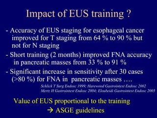 Impact of EUS training ? - Accuracy of EUS staging for esophageal cancer improved for T staging from 64 % to 90 % but not for N staging - Short training (2 months) improved FNA accuracy  in pancreatic masses from 33 % to 91 % - Significant increase in sensitivity after 30 cases (>80 %) for FNA in  pancreatic masses …. Schlick T Surg Endosc 1999; Harewood Gastrointest Endosc 2002 Mertz H Gastrointest Endosc 2004; Eloubeidi Gastrointest Endosc 2005 Value of EUS proportional to the training     ASGE guidelines 