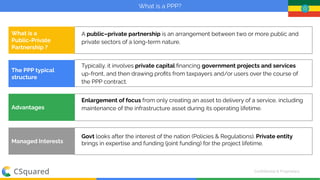 Conﬁdential & Proprietary
| C Squared
Enlargement of focus from only creating an asset to delivery of a service, including
maintenance of the infrastructure asset during its operating lifetime.
What is a
Public-Private
Partnership ?
A public–private partnership is an arrangement between two or more public and
private sectors of a long-term nature.
The PPP typical
structure
Typically, it involves private capital ﬁnancing government projects and services
up-front, and then drawing proﬁts from taxpayers and/or users over the course of
the PPP contract.
Advantages
Managed Interests
Govt looks after the interest of the nation (Policies & Regulations). Private entity
brings in expertise and funding (joint funding) for the project lifetime.
What is a PPP?
 