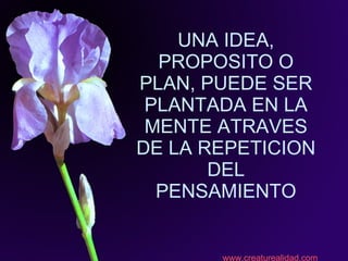 UNA IDEA, PROPOSITO O PLAN, PUEDE SER PLANTADA EN LA MENTE ATRAVES DE LA REPETICION DEL PENSAMIENTO www.creaturealidad.com 
