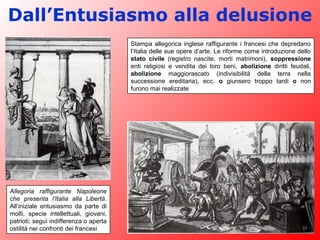 Dall’Entusiasmo alla delusione
Allegoria raffigurante Napoleone
che presenta l’Italia alla Libertà.
All’iniziale entusiasmo da parte di
molti, specie intellettuali, giovani,
patrioti; seguì indifferenza o aperta
ostilità nei confronti dei francesi
Stampa allegorica inglese raffigurante i francesi che depredano
l’Italia delle sue opere d’arte. Le riforme come introduzione dello
stato civile (registro nascite, morti matrimoni), soppressione
enti religiosi e vendita dei loro beni, abolizione diritti feudali,
abolizione maggiorascato (indivisibilità della terra nella
successione ereditaria), ecc. o giunsero troppo tardi o non
furono mai realizzate
 