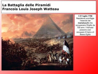 La Battaglia delle Piramidi
Francois Louis Joseph Watteau
Il 21 luglio 1798
Napoleone sconfigge
l’esercito dei
mamelucchi che
occupavano l’Egitto da
700 anni. I francesi
possono così
occupare Il Cairo e il
Basso Egitto
 