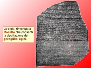 La stele, rinvenuta a
Rosetta che consentì
la decifrazione dei
geroglifici egizi.
 