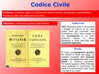 Codice Civile
Problema: complesso leggi civili dell’Ancient regime confuso, eterogeneo e contraddittorio
Incertezza della vita politica ed economica
Codice Civile
1804, Napoleone porta a compimento
il progetto di stesura di un unico
codice civile già cominciato dalla
Convenzione. Esso viene redatto da
una Commissione ai cui lavori
presenzia spesso lo stesso
Napoleone e infine approvato dalle
assemblee legislative.
Obbiettivo: unificazione giuridica della Francia
Principi
SI fonda sull’uguaglianza giuridica
dei cittadini di fronte alla legge, sul
carattere inviolabile della proprietà
privata, sulla laicità dello stato e sulla
libertà di iniziativa economica.
Per quanto riguarda il diritto di famiglia
viene codificata la supremazia del
padre e la sottomissione della moglie
e dei figli al suo volere
 
